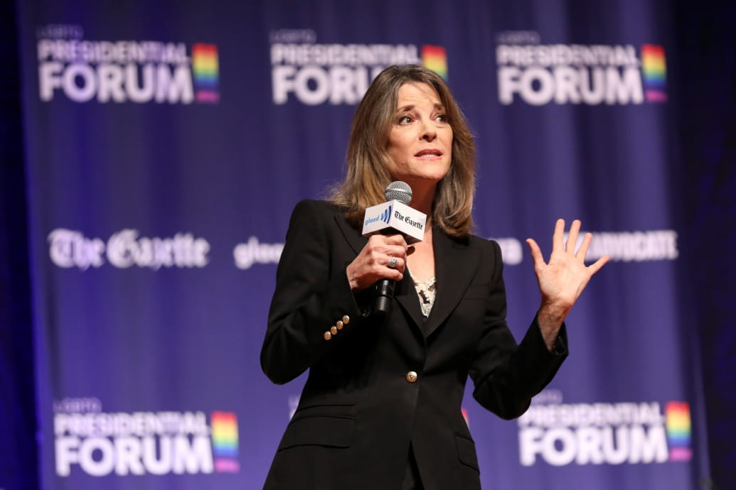 Democratic presidential candidate and author Marianne Williamson speaks at the One Iowa and GLAAD LGBTQ Presidential Forum in Cedar Rapids, Iowa