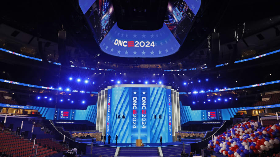 The stage is set at the United Center for the Democratic National Convention on August 15, 2024 in Chicago, Illinois