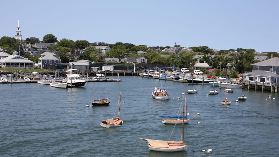Sail boats moored in Nantucket Harbor, Nantucket Island, Massachusetts, USA.