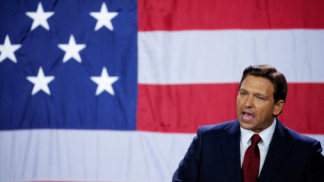 Republican Florida Governor Ron DeSantis speaks as he celebrates onstage during his 2022 U.S. midterm elections night party in Tampa, Florida.