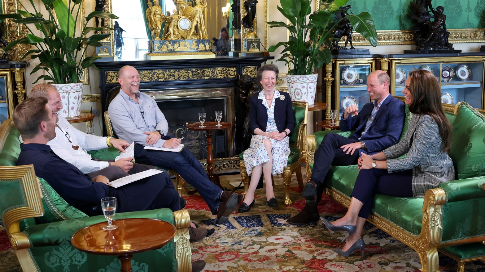 Mike Tindall, Princess Anne, Princess Royal, Prince William, Prince of Wales and Catherine, Princess of Wales attend the recording of a special episode of The Good, The Bad and The Rugby podcast, in the Green Drawing Room at Windsor Castle.