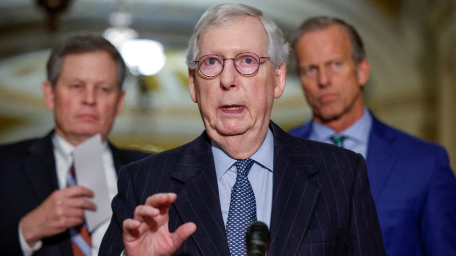 U.S. Senate Minority Leader Mitch McConnell (R-KY) speaks to the media at the U.S. Capitol in Washington, U.S., February 14, 2023. 