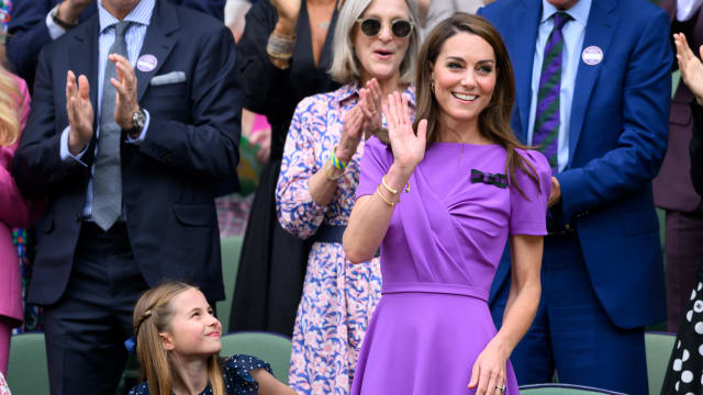 Princess Charlotte of Wales and Catherine, Princess of Wales court-side of Centre Court during the men's final on day fourteen of the Wimbledon Tennis Championships at the All England Lawn Tennis and Croquet Club on July 14, 2024 in London, England.