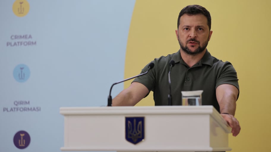 Volodymyr Zelensky speaks at the press conference after the opening session of Crimea Platform conference in  Kyiv