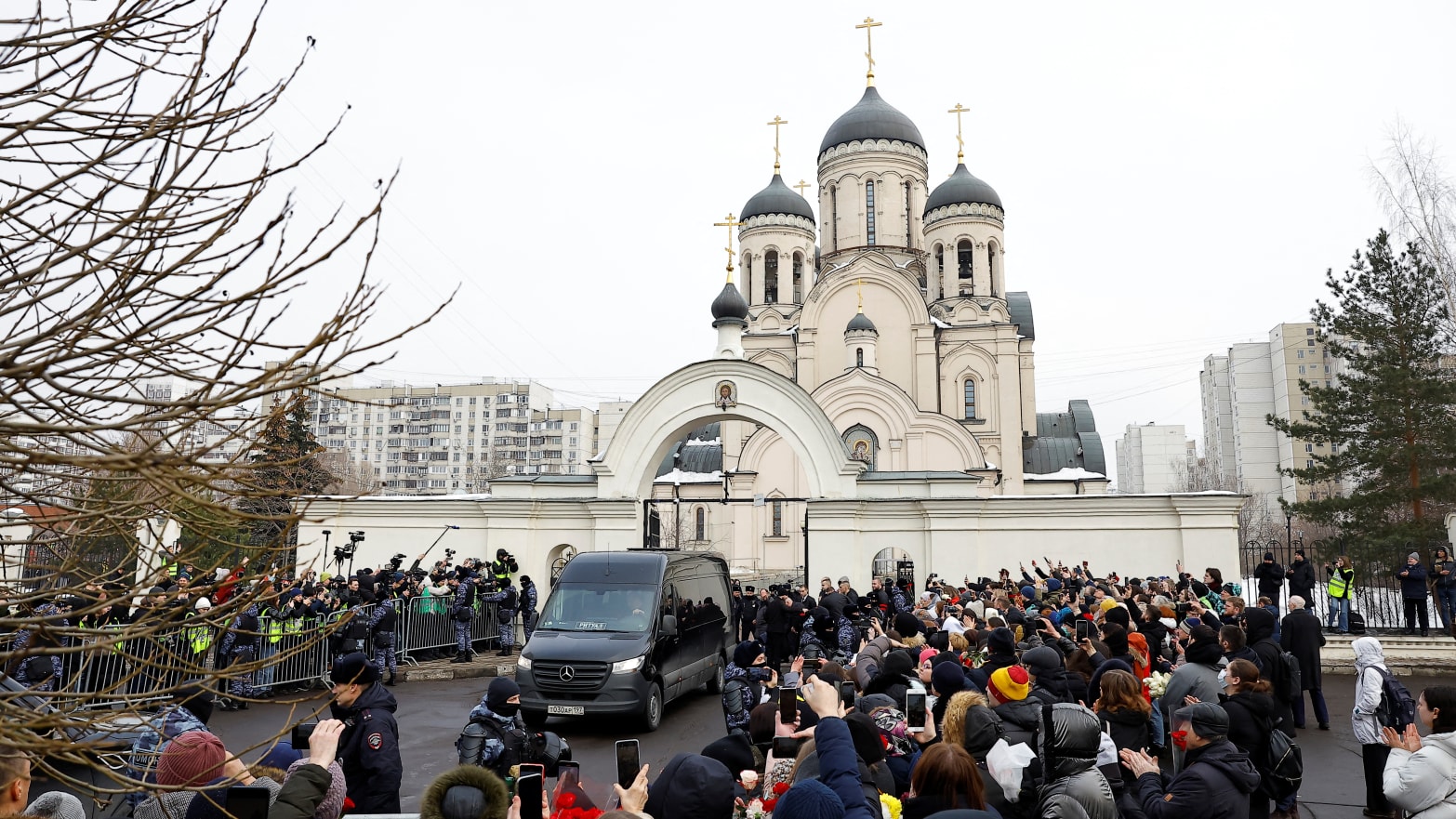 A hearse, which reportedly transports a coffin with the body of Russian opposition politician Alexei Navalny, is parked outside the Soothe My Sorrows church before a funeral service and farewell ceremony in Moscow, Russia, March 1, 2024. 