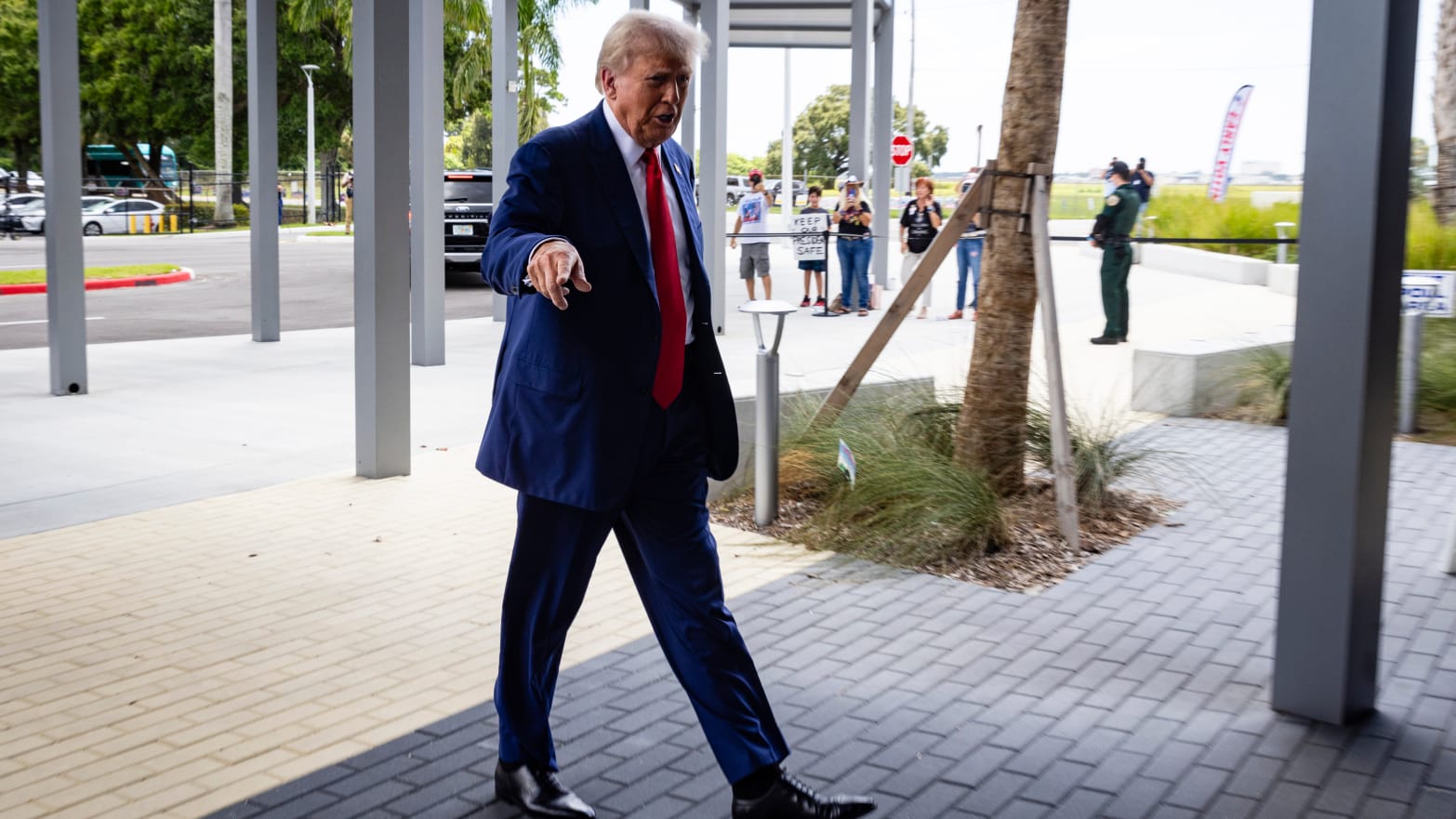 Republican presidential candidate, former U.S. President Donald Trump arrives to cast his ballot at Palm Beach County Supervisor of Elections