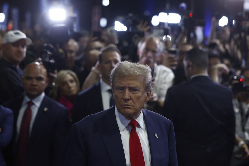 Donald Trump reacts in the spin room on the day of his debate with Democratic presidential nominee and U.S. Vice President Kamala Harris, in Philadelphia, Pennsylvania, U.S., September 10, 2024.