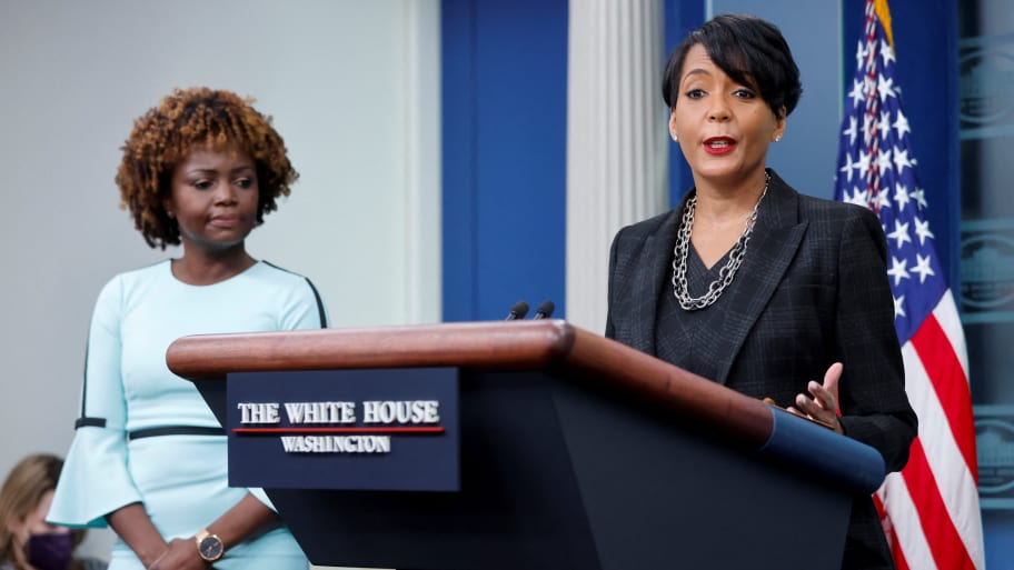 White House Office of Public Engagement Director Keisha Lance Bottoms joins Press Secretary Karine Jean-Pierre for the daily press briefing at the White House in Washington, U.S. January 13, 2023.