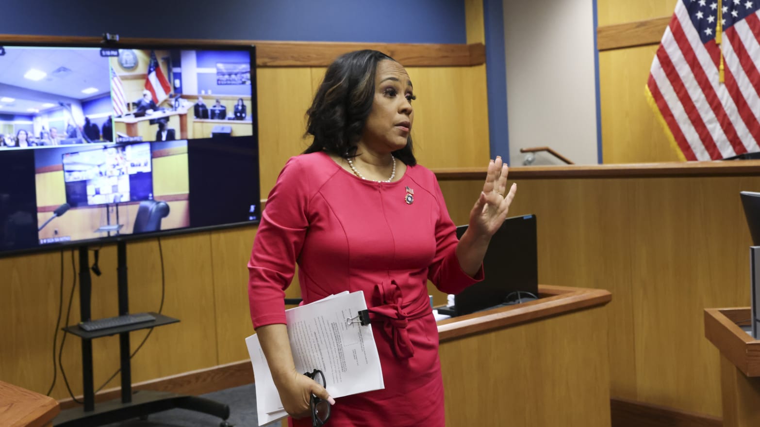 Fulton County District Attorney Fani Willis speaks during a hearing in the case of State of Georgia v. Donald John Trump