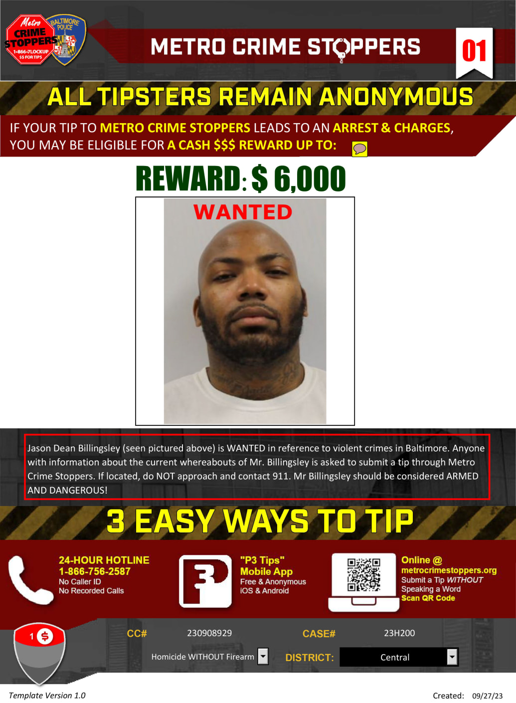 A wanted poster for Jason Dean Billingsley.