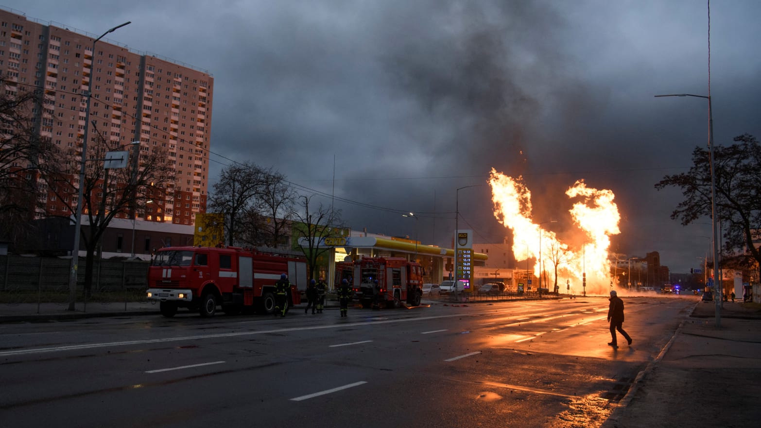 A fire burns after a Russian missile strike in Kyiv.