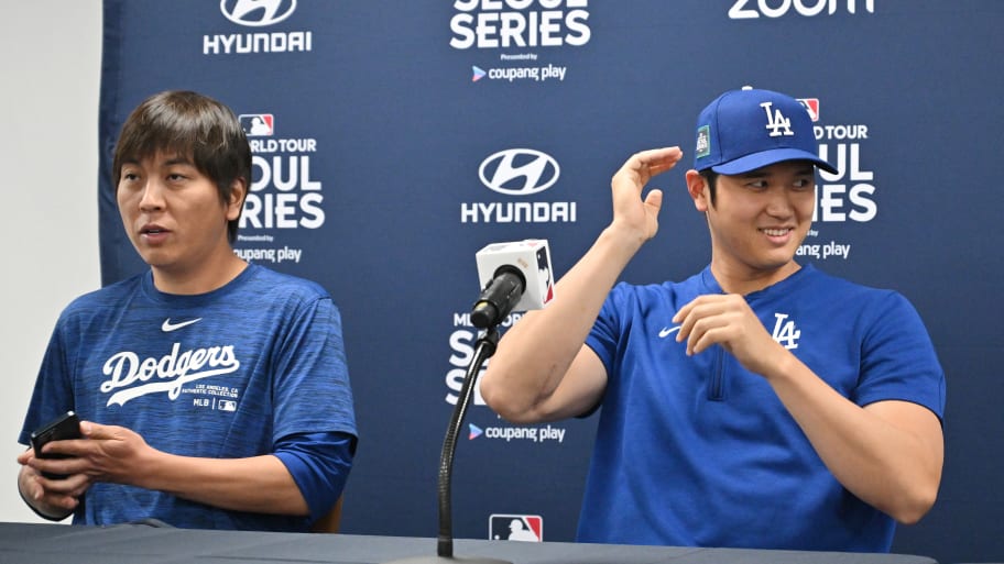 Los Angeles Dodgers' Shohei Ohtani (R) and his interpreter Ippei Mizuhara (L) attending a press conference at Gocheok Sky Dome in Seoul, on March 16 2024.