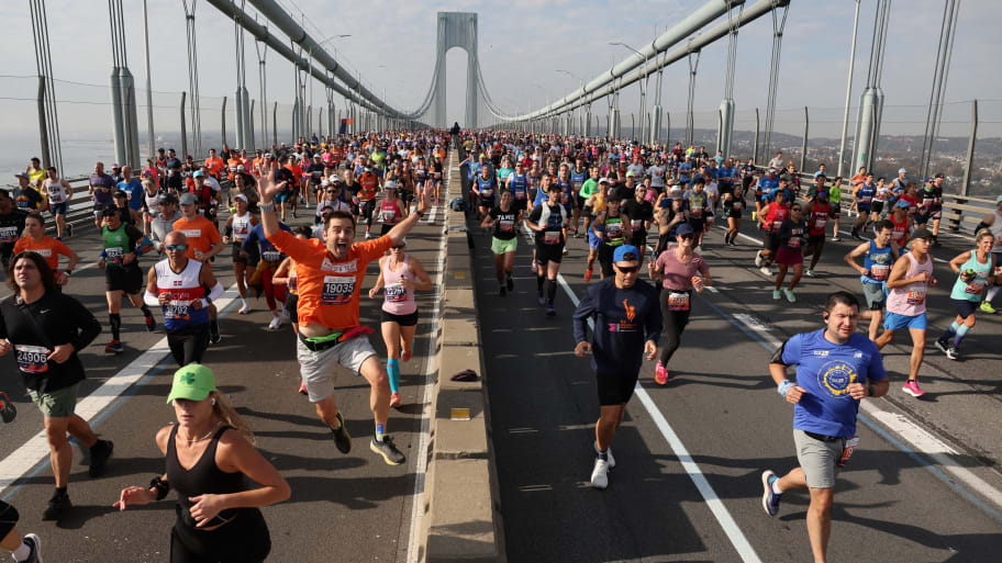 Thousands of New York City marathon runners cross the Verrazzano-Narrows Bridge.