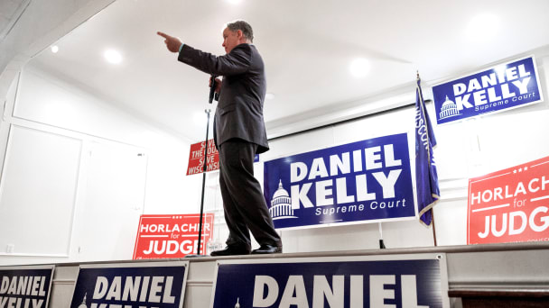 Wisconsin Supreme Court candidate Daniel Kelly speaks during a campaign event the night before Wisconsin's Supreme Court election.