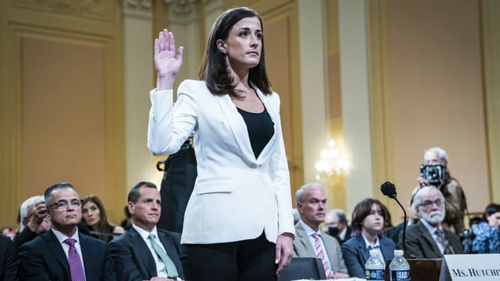A photo of former White House aide Cassidy Hutchinson being sworn in prior to testifying before Congress.