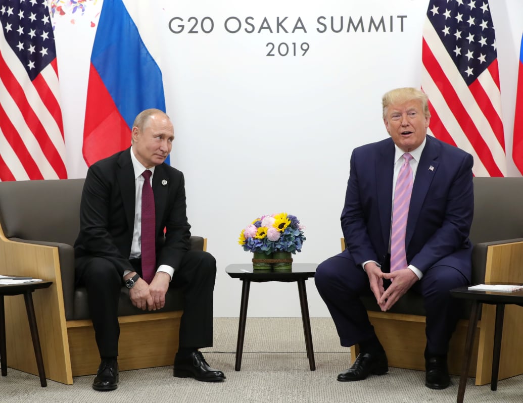 Russia's President Vladimir Putin and U.S. President Donald Trump attend a meeting on the sidelines of the G20 summit in Osaka, Japan June 28, 2019.