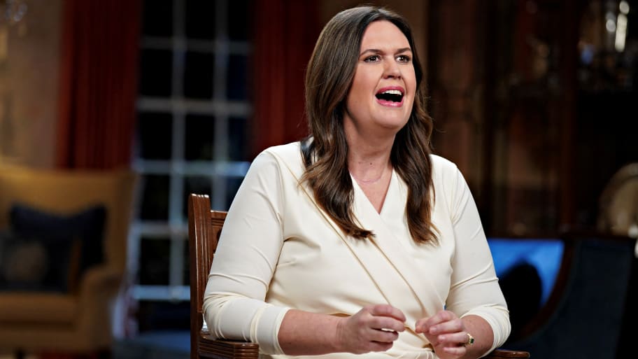 Sarah Huckabee Sanders, governor of Arkansas, speaks while delivering the Republican response to President Biden’s State of the Union address in Little Rock, Arkansas, on Feb. 7, 2023.