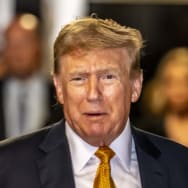 Former U.S. President Donald Trump speaks after lunch for his trial for allegedly covering up hush money payments at Manhattan Criminal Court on May 21, 2024 in New York City. 