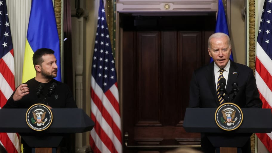 U.S. President Joe Biden and Ukraine's President Volodymyr Zelensky hold a joint press conference at the White House in Washington, on Dec. 12, 2023. 
