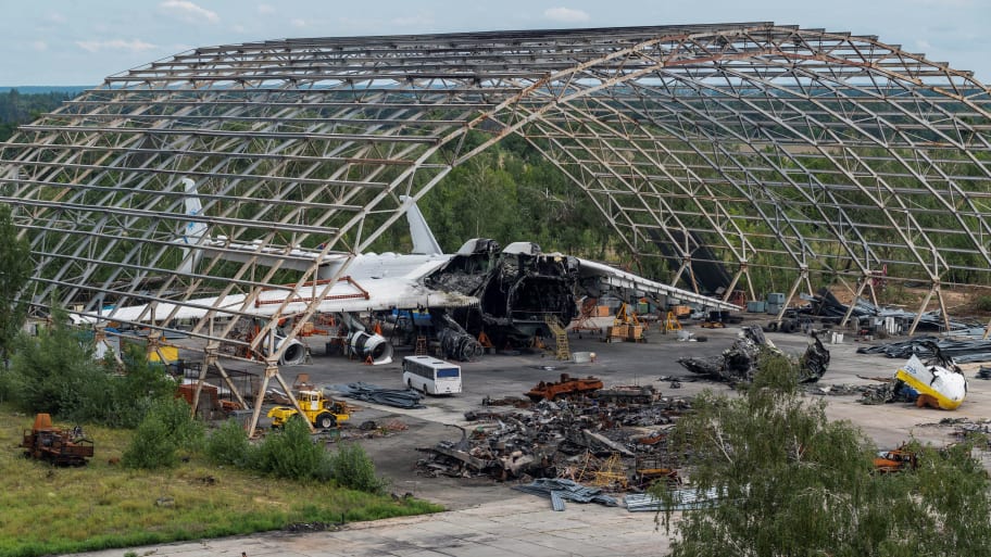 The destroyed Antonov An-225 Mriya cargo plane in Hostomel, Ukraine, Aug. 10, 2022. 