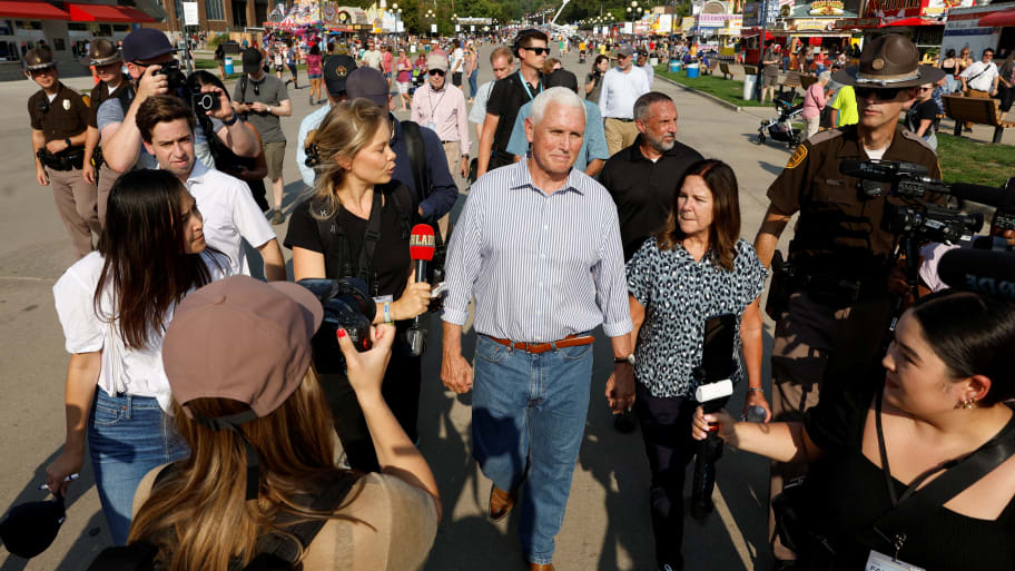 U.S. Republican presidential candidate and former Vice President Mike Pence attends a soapbox political event at the Iowa State Fair in Des Moines, Iowa, August 10, 2023.