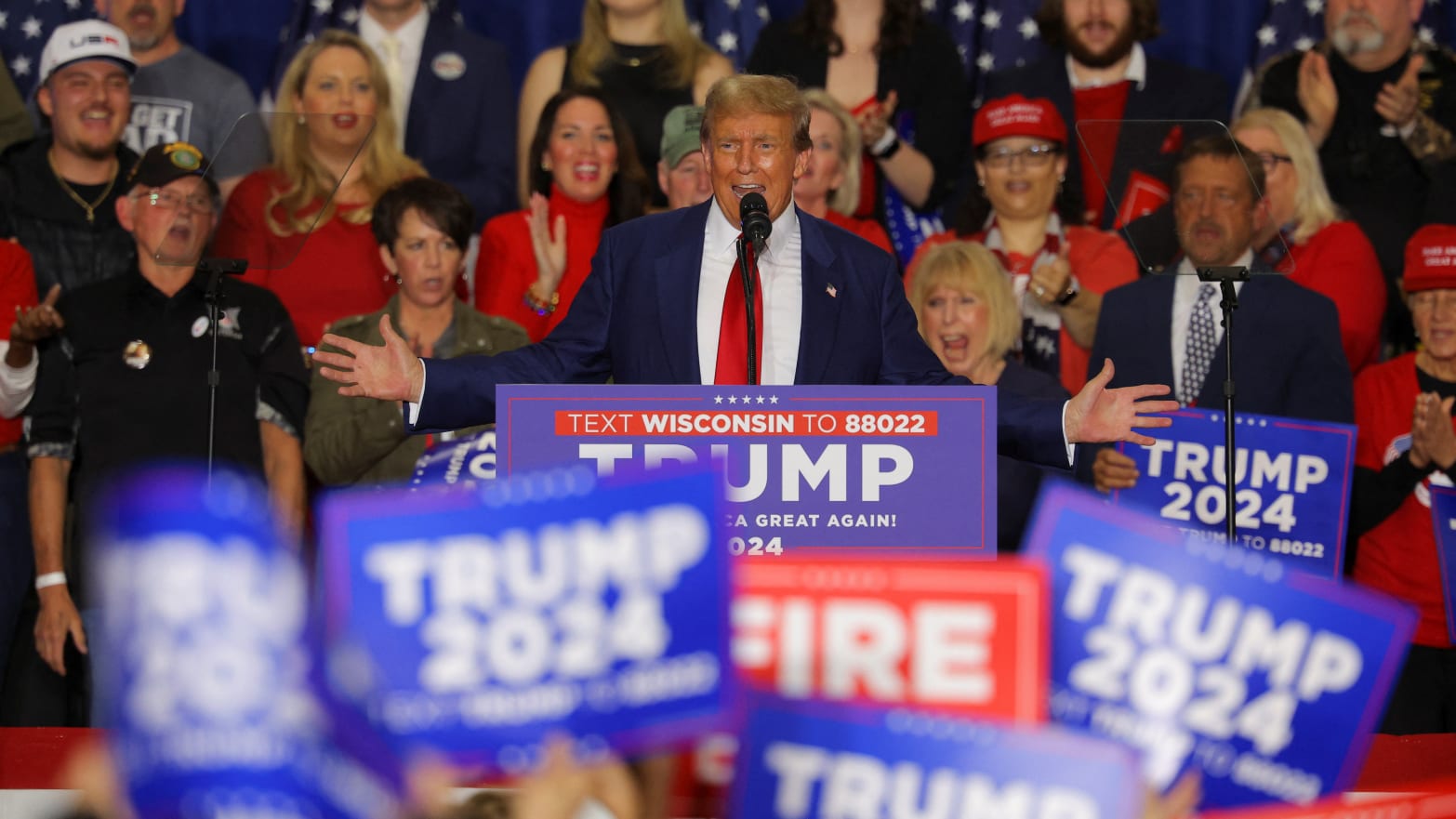 Republican presidential candidate and former U.S. President Donald Trump speaks during a campaign rally in Green Bay, Wisconsin, U.S., April 2, 2024.