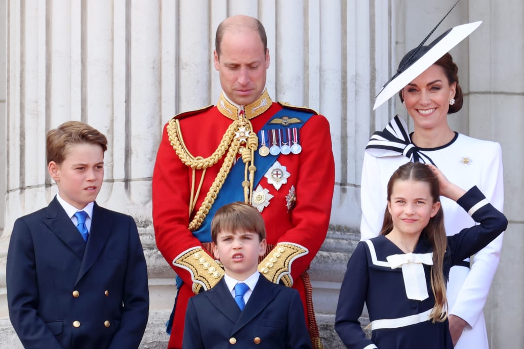 Prince George of Wales, Prince William, Prince of Wales, Prince Louis of Wales, Princess Charlotte of Wales and Catherine, Princess of Wales during Trooping the Colour at Buckingham Palace on June 15, 2024 in London, England.