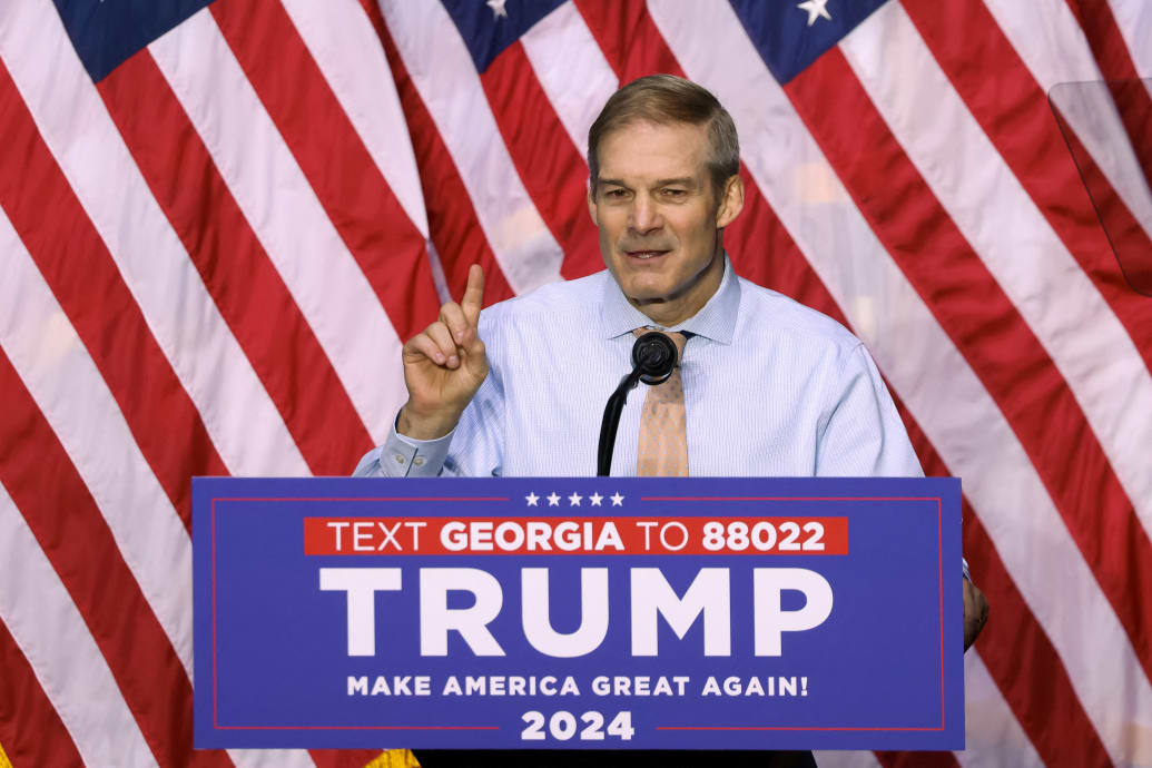 Rep. Jim Jordan (R-OH) speaks during a campaign rally hosted by Republican presidential candidate and former U.S. President Donald Trump at the Forum River Center in Rome, Georgia, U.S. March 9, 2024. 