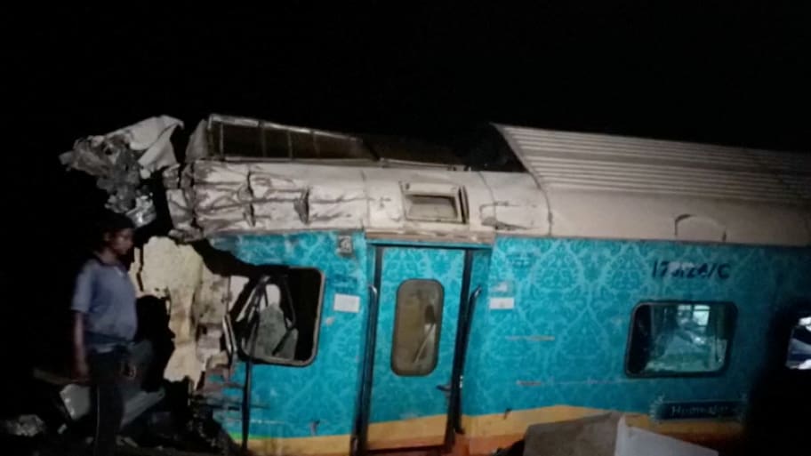 A view of a damaged compartment, following the deadly collision of two trains, in Balasore, India June 2, 2023, in this screen grab obtained from a video.