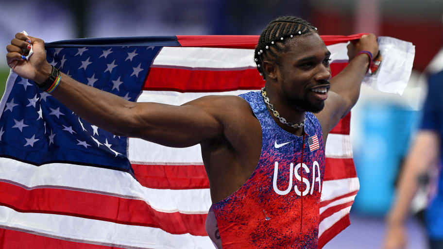 Noah Lyles after winning the Men's 100m Final at the Paris Olympics. 