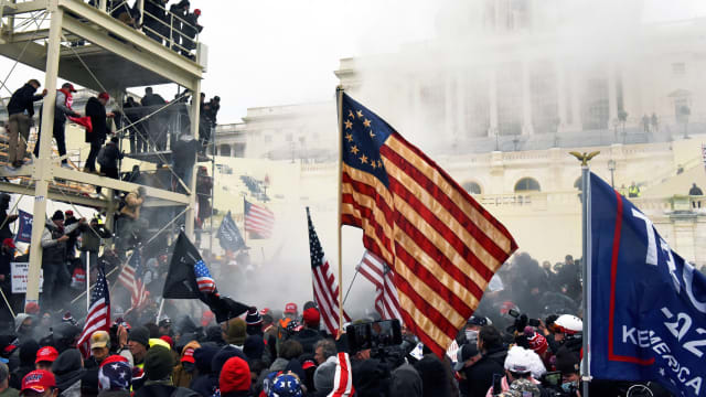 Photograph of rioters at the US Capitol building on January 6, 2021.