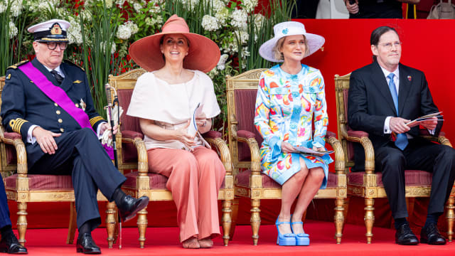 Prince Laurent of Belgium, Princess Claire of Belgium, Princess Delphine of Belgium and Jim OHare attend the military parade at the palace square on July 21, 2023 in Brussels, Belgium