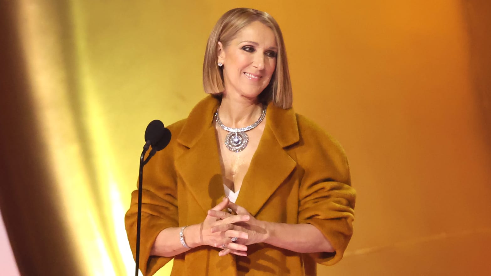 Celine Dion speaks onstage during the 66th GRAMMY Awards