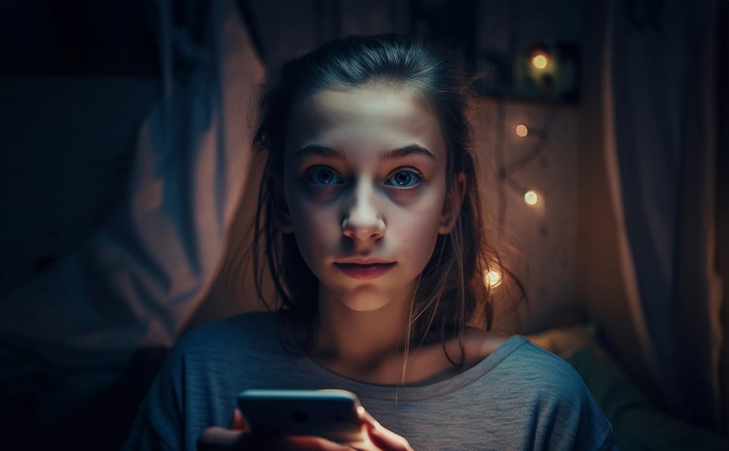 Una imagen de una joven sosteniendo un teléfono.