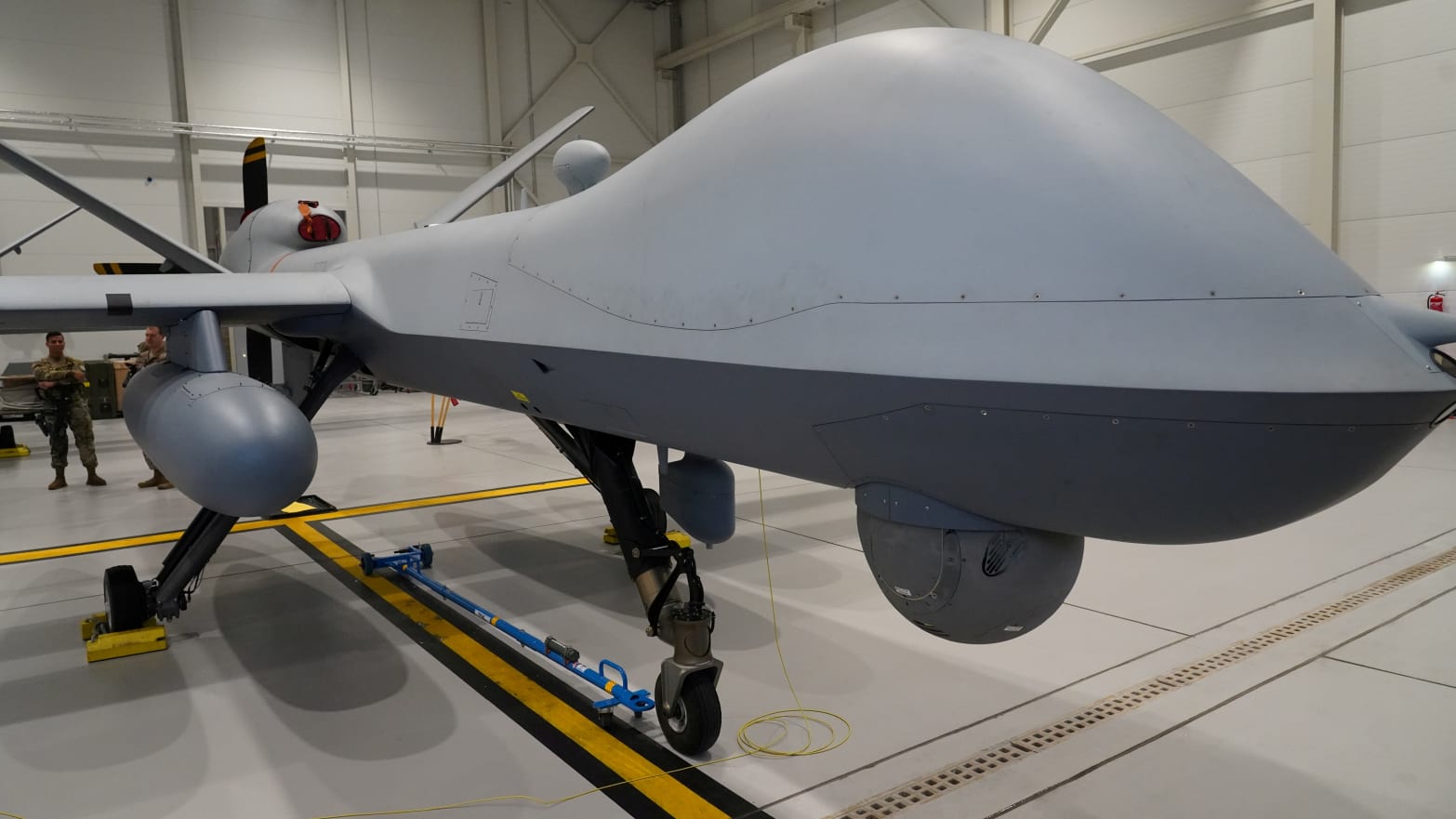 A U.S. Air Force MQ-9 Reaper drone sits in a hanger
