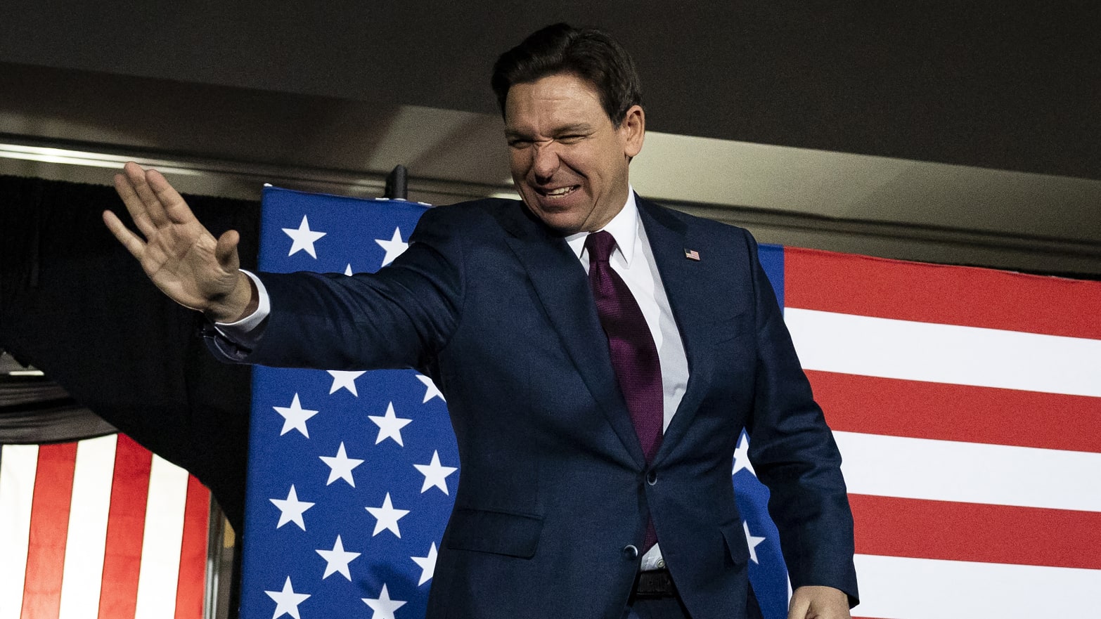 Florida Governor and Republican presidential hopeful Ron DeSantis arrives at a watch party during the 2024 Iowa Republican presidential caucuses in West Des Moines, Iowa, on January 15, 2024.