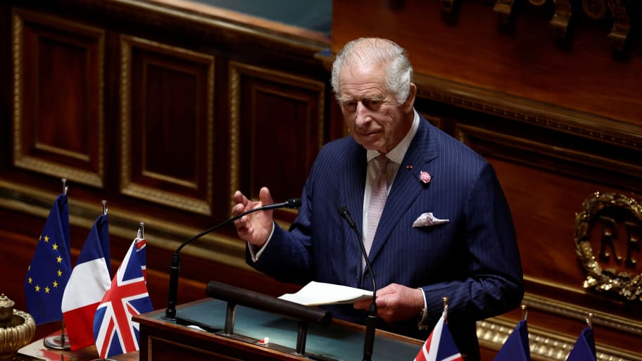King Charles delivers a speech to members of parliament at the French Senate in Paris