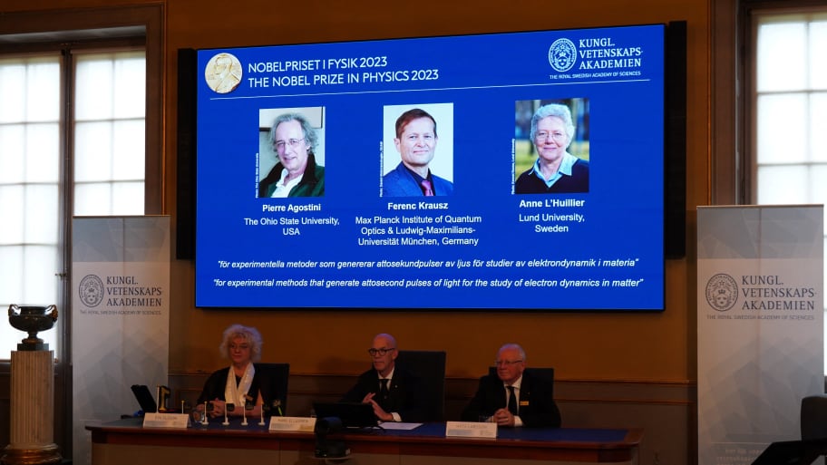 Scientists Pierre Agostini, Ferenc Krausz, and Anne L’Huillier are announced as the winners of the 2023 Nobel Prize in Physics at a press conference in the Royal Swedish Academy of Sciences in Stockholm, Sweden, Oct. 3, 2023.