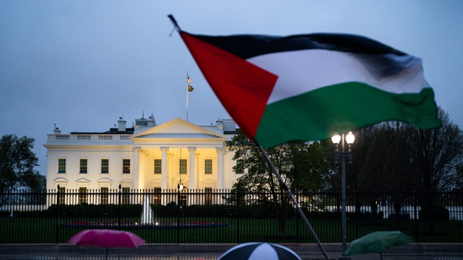 Pro-Palestinian demonstrators call for a ceasefire in Gaza during a protest as part of the "People's White House Ceasefire Now Iftar" outside the White House on April 2, 2024 in Washington, DC.