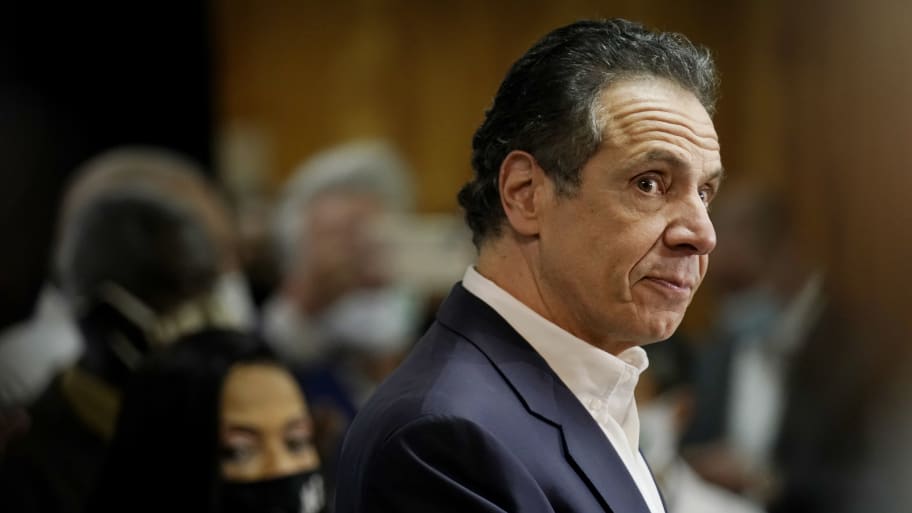 New York Gov. Andrew Cuomo speaks before getting vaccinated at the mass vaccination site at Mount Neboh Baptist Church in Harlem on March 17, 2021, in New York City.