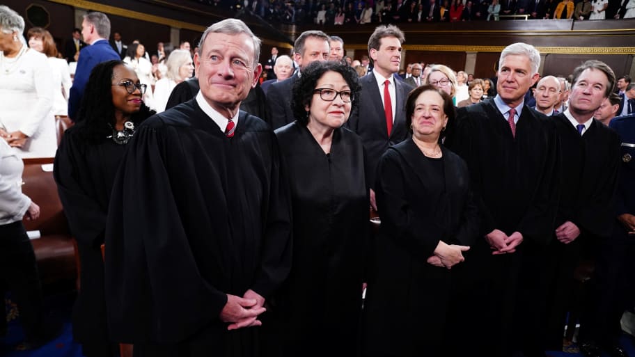Chief Justice of the Supreme Court John Roberts sits with other SCOTUS justices ahead of US President Joe Biden's third State of the Union address to a joint session of Congress in the US Capitol in Washington, DC, March, 7 2024. 