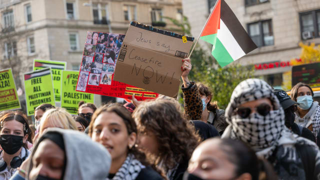 Students participate in a protest in support of Palestine and for free speech outside of the Columbia University campus on November 15, 2023 in New York City.