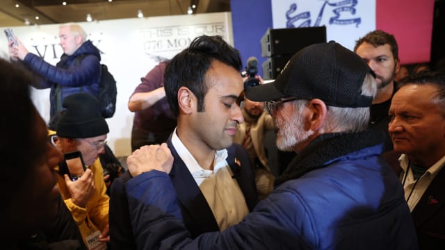 Republican presidential candidate Vivek Ramaswamy greets his supporters at his caucus night event at the Surety Hotel on January 15, 2024 in Des Moines, Iowa.