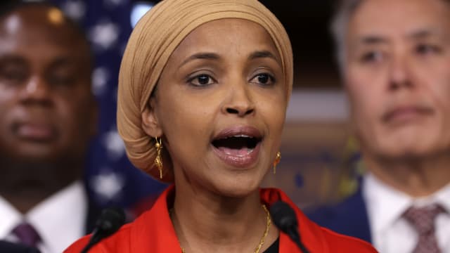 Rep. Ilhan Omar (D-MN) speaks during a news conference.