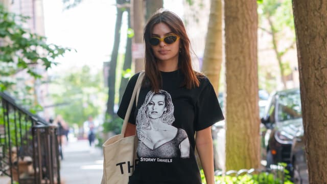 Emily Ratajkowski is seen wearing a Stormy Daniels tee shirt on May 30, 2024 in New York City.