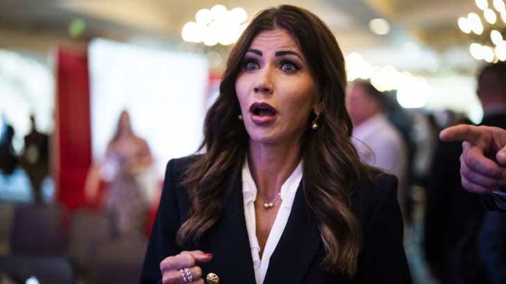 South Dakota Gov. Kristi Noem, walks to an interview during the second day of the Conservative Political Action Conference CPAC on Friday, Feb. 25, 2022 in Orlando, FL. 