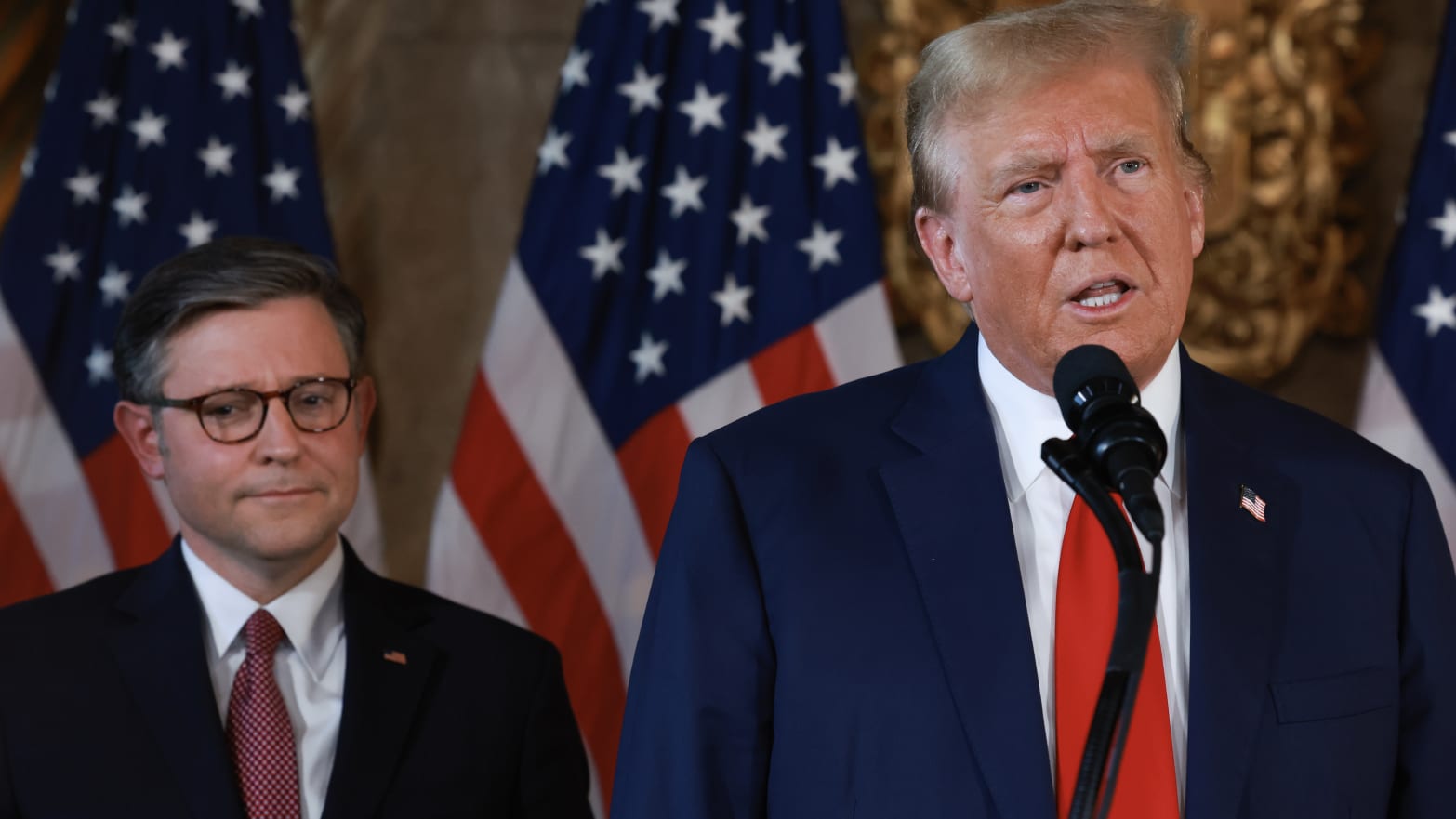  Republican presidential candidate former President Donald Trump and Speaker of the House Mike Johnson (R-LA) hold a press conference at Mr. Trump's Mar-a-Lago estate on April 12, 2024, in Palm Beach, Florida.