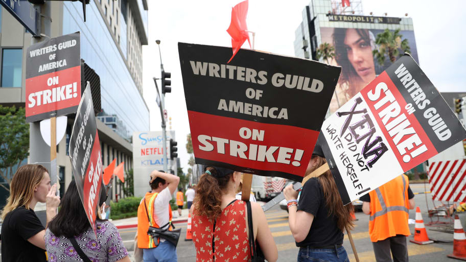 SAG-AFTRA actors and Writers Guild of America (WGA) writers walk the picket line.