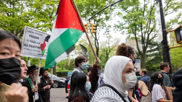 Pro-Palestinian protesters walk from Columbia University down to Hunter College as protests at area universities and colleges continue on May 06, 2024 in New York City.