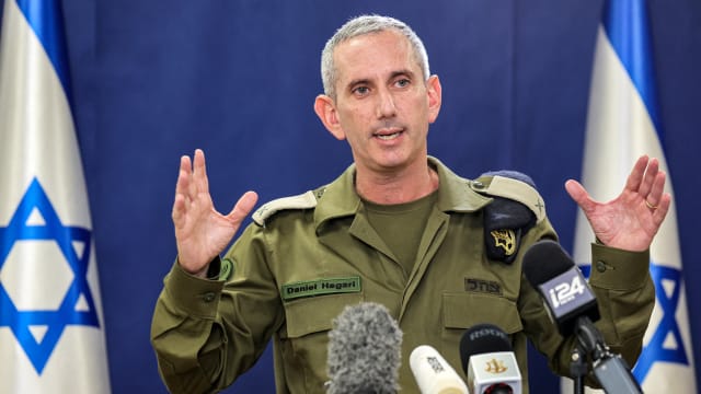 Israeli army spokesman Rear Admiral Daniel Hagari speaks to the press from the Israeli Ministry of Defence.